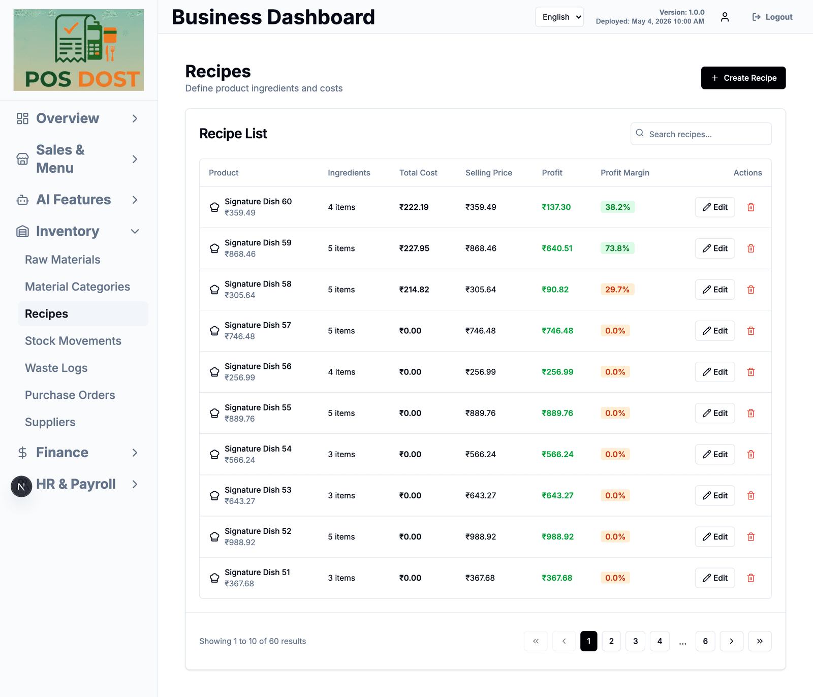 Recipe list showing cost, selling price, profit and margin