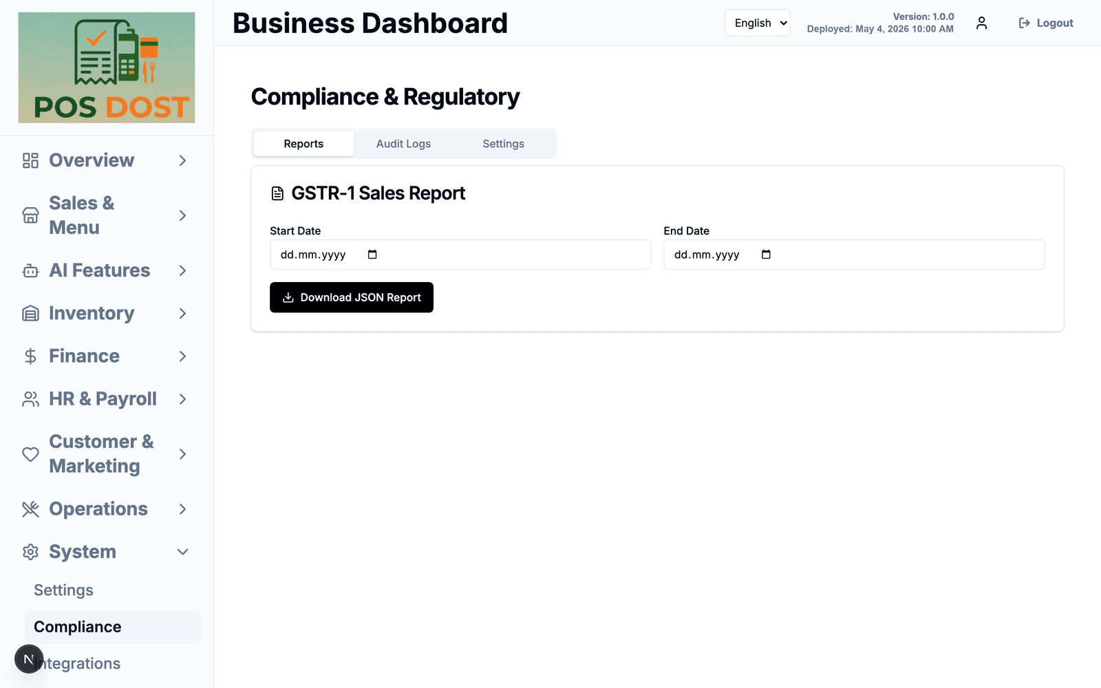 Compliance page with a GSTR-1 report generator
