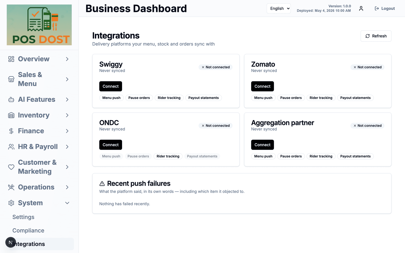 Delivery platform integration cards