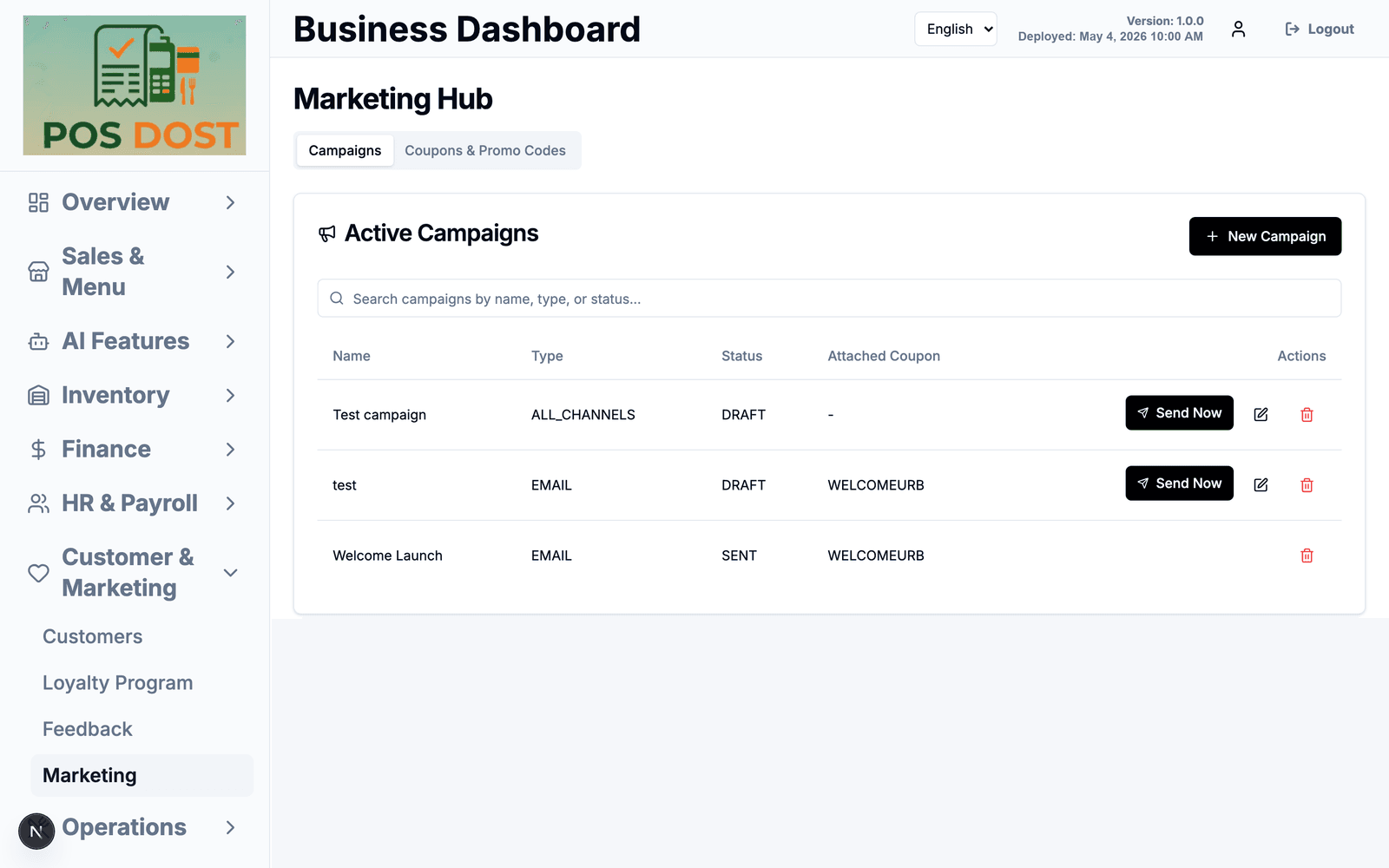 Marketing campaigns list with attached coupons