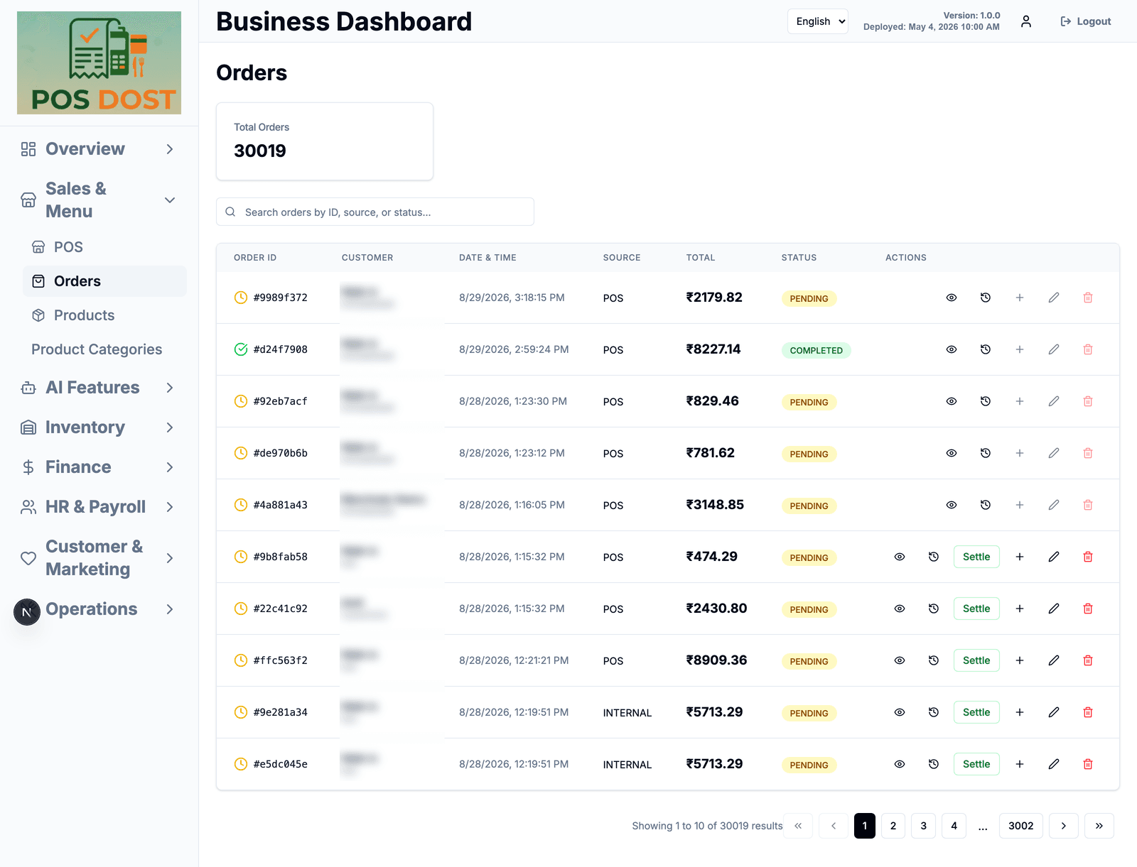 Order list with status and payment columns