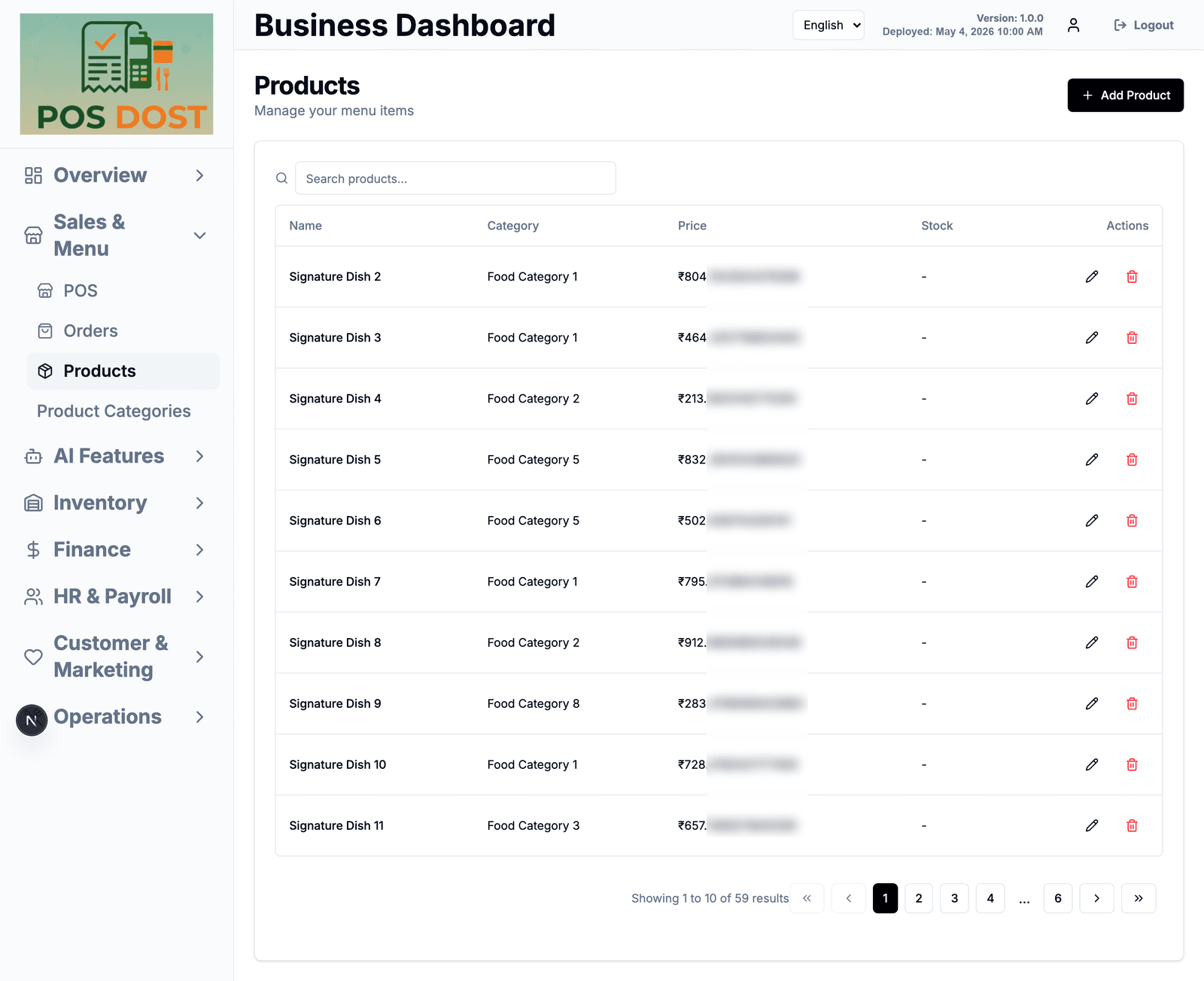 Product list with prices and categories