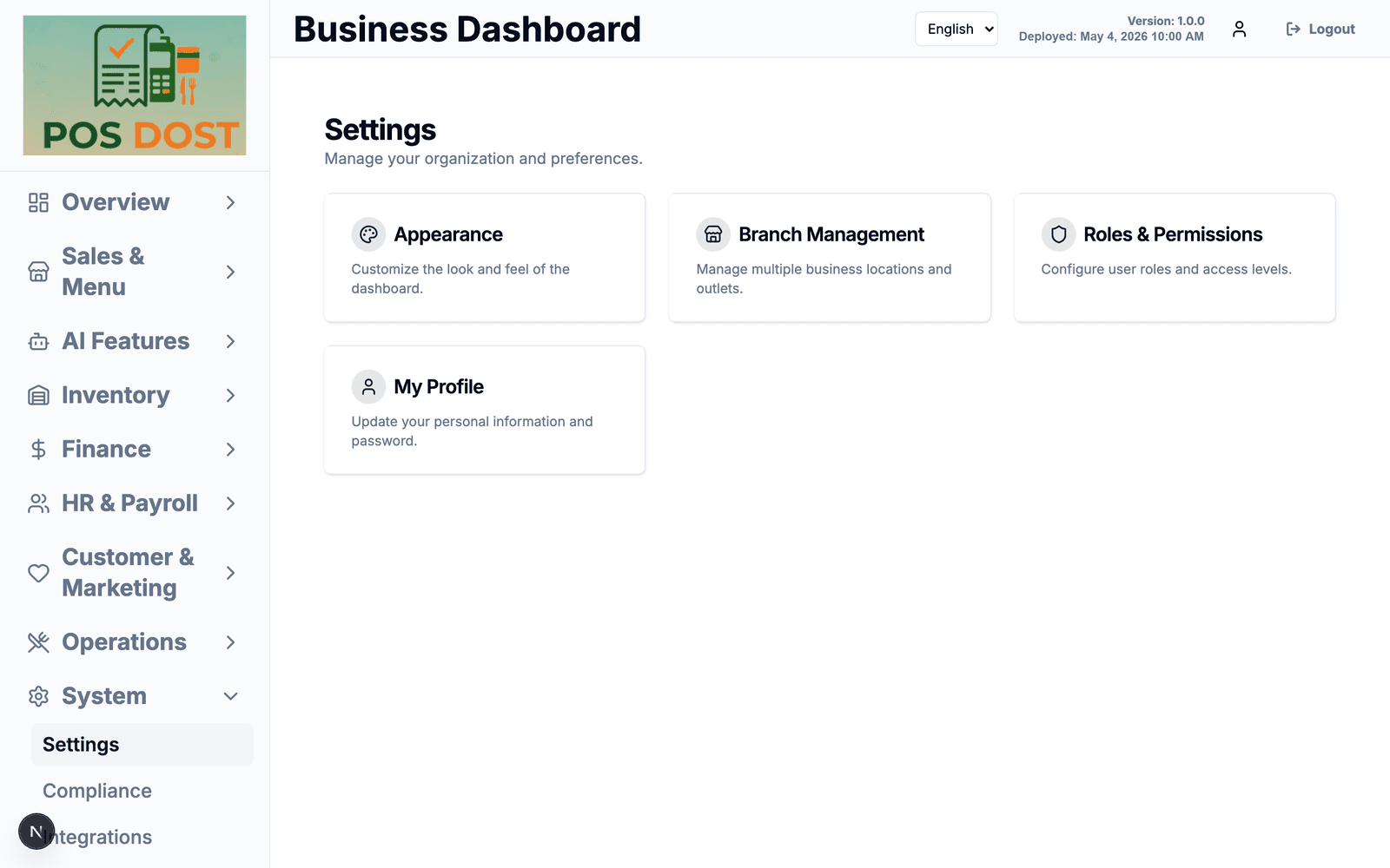 Settings page with appearance, branches and roles
