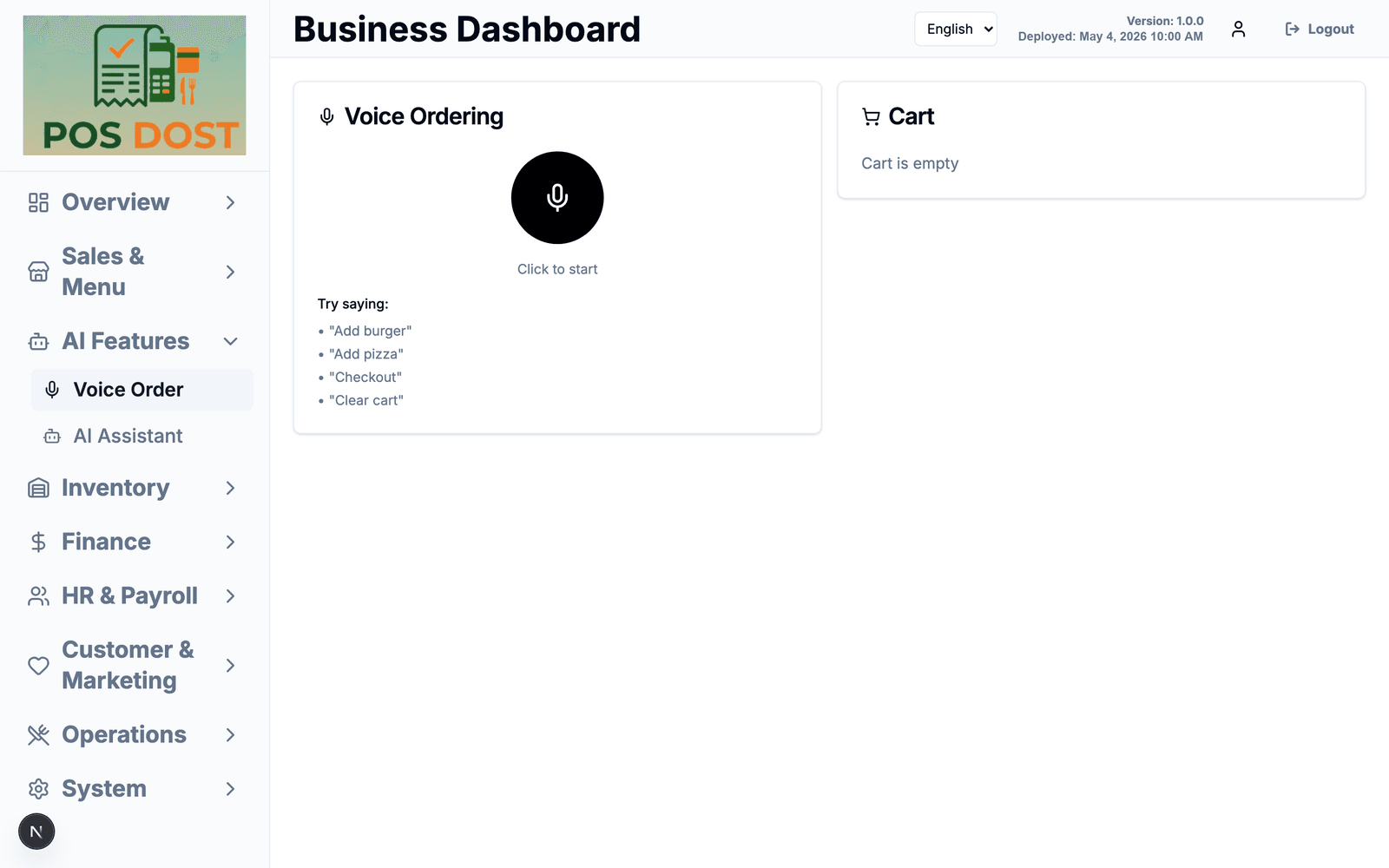 Voice ordering screen with example commands